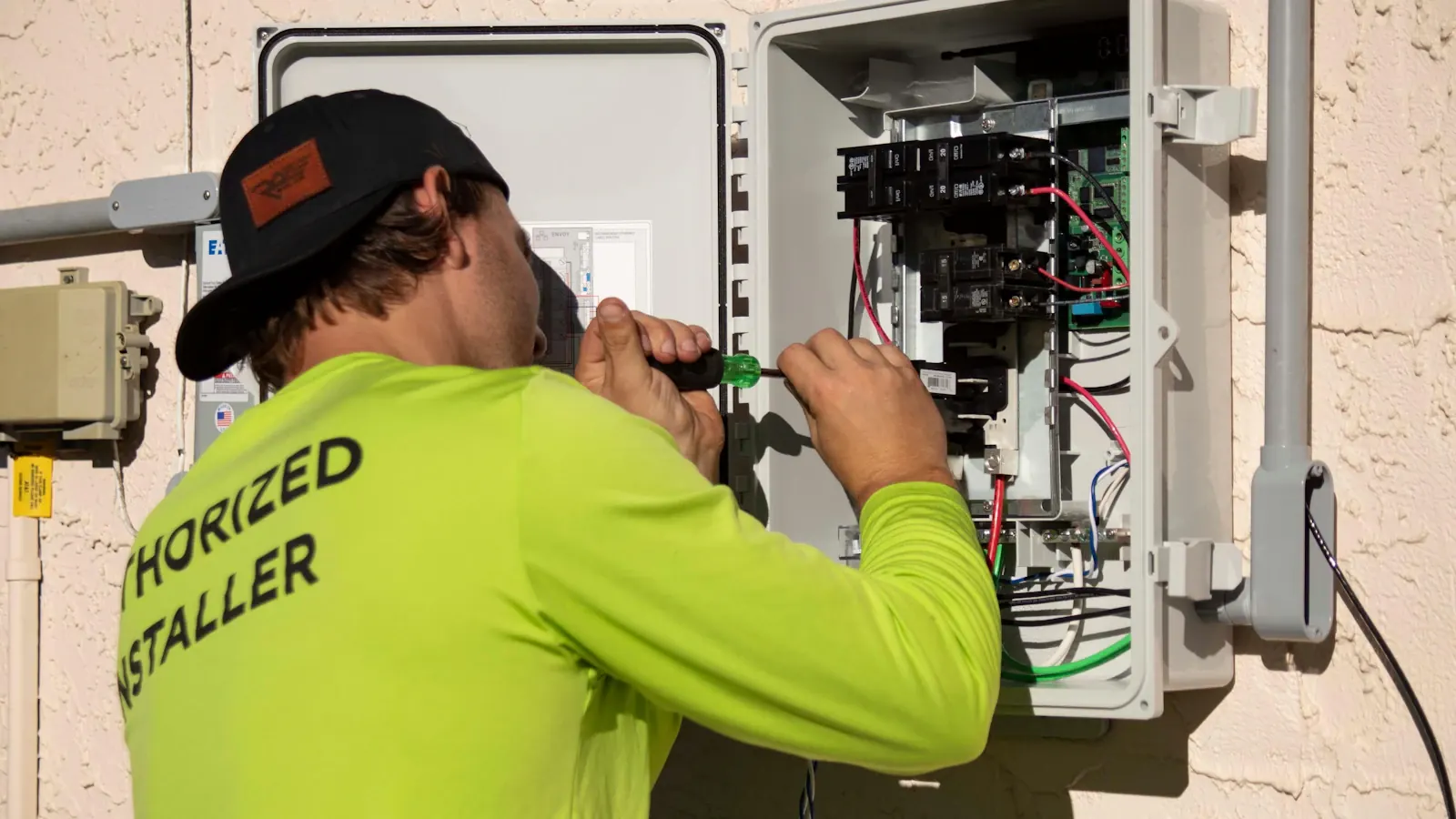 Electrician working on an electrical panel with a screwdriver