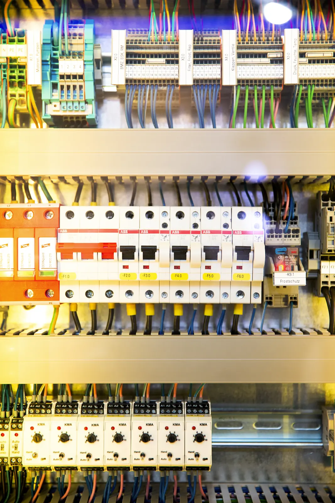 Control panel with circuit breakers and colour-coded wiring