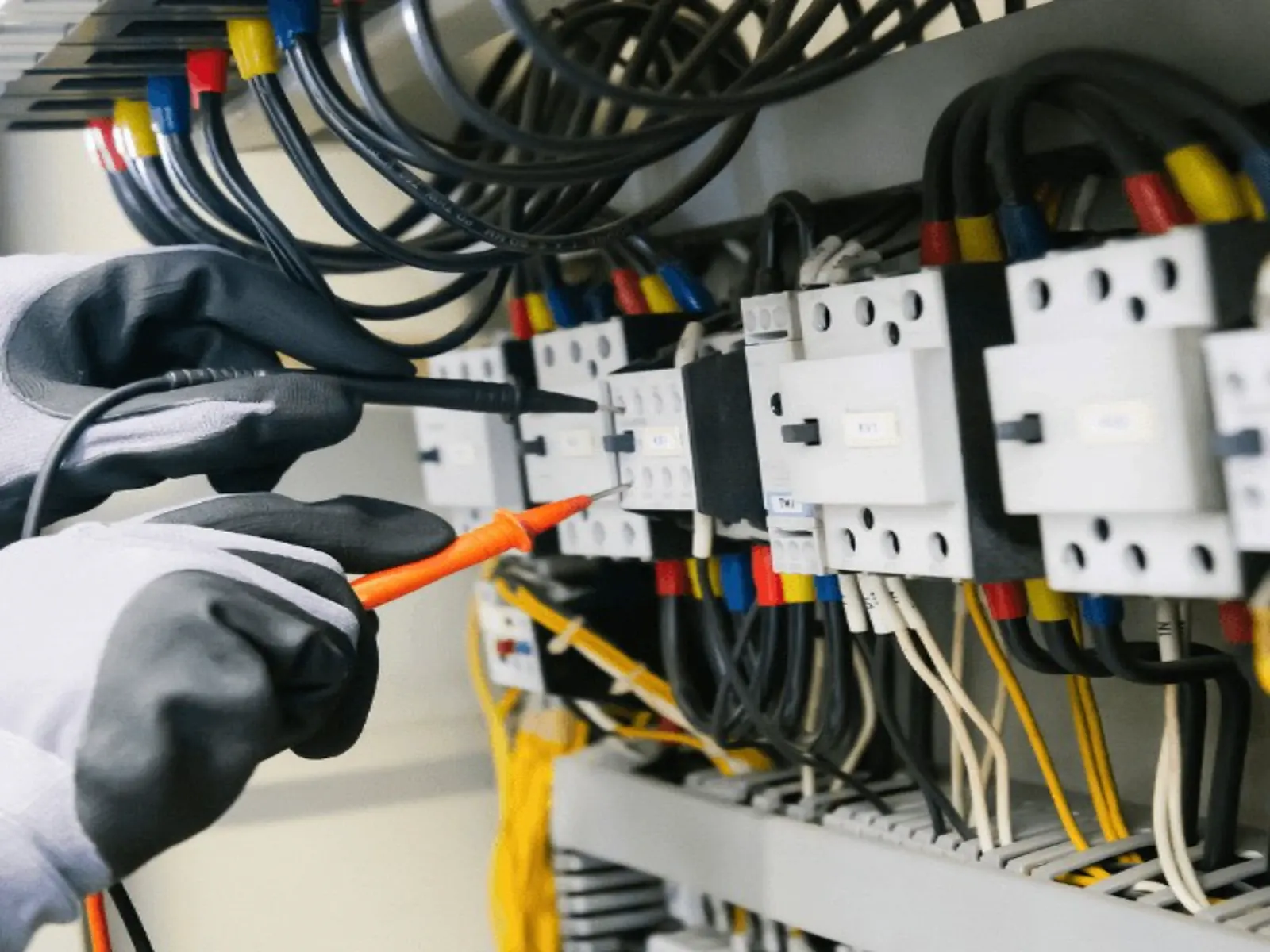 Engineer in safety gloves testing contactors in a control panel with a multimeter